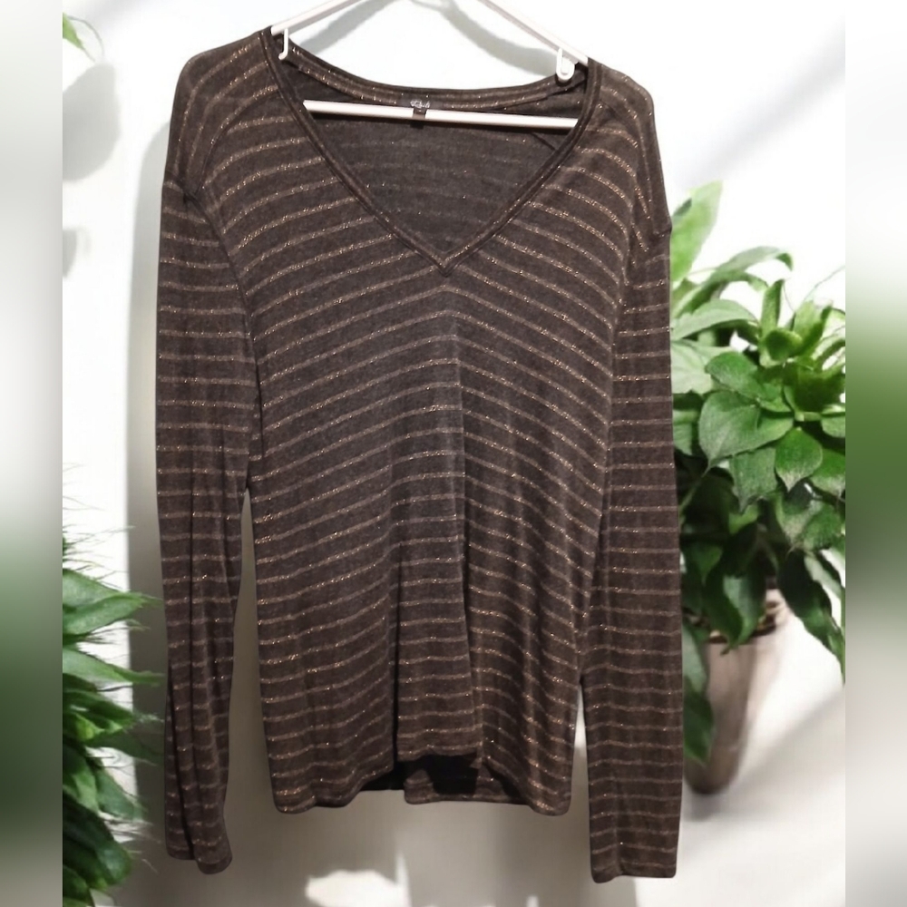 Rails Sami Charcoal Bronze Stripe Vneck Long Sleeve Tshirt Womans size Large